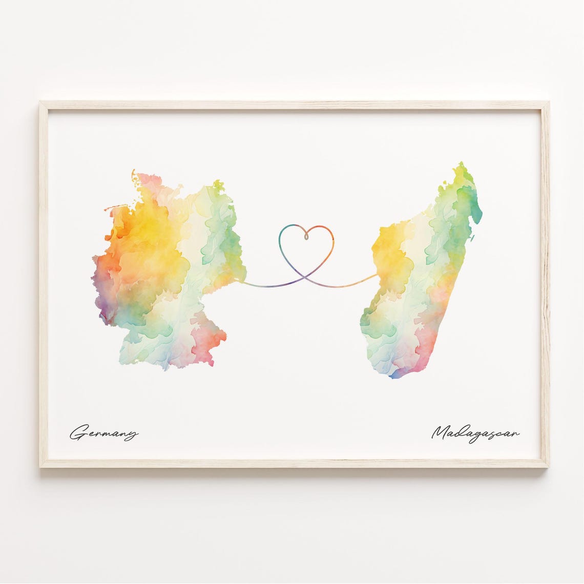 Germany To Madagascar Watercolor Map Linked By A Heart Line Poster