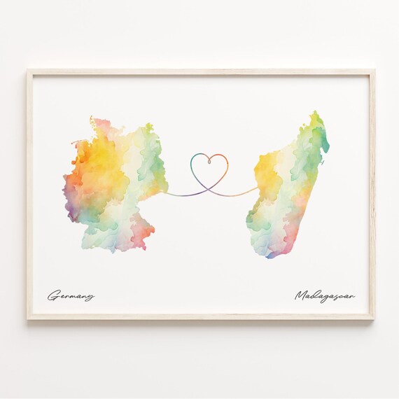 Germany To Madagascar Watercolor Map Linked By A Heart Line Poster