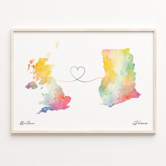 Britain to Ghana Watercolor Heart Map Long Distance Love Print