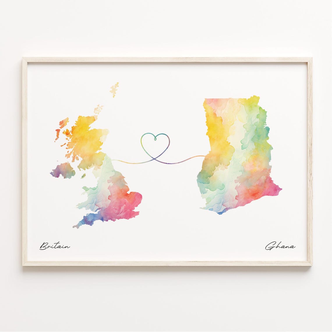 Britain to Ghana Watercolor Heart Map Long Distance Love Print