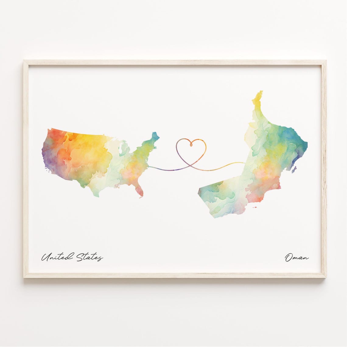 United States to Oman Watercolor Map Heart Connection Poster