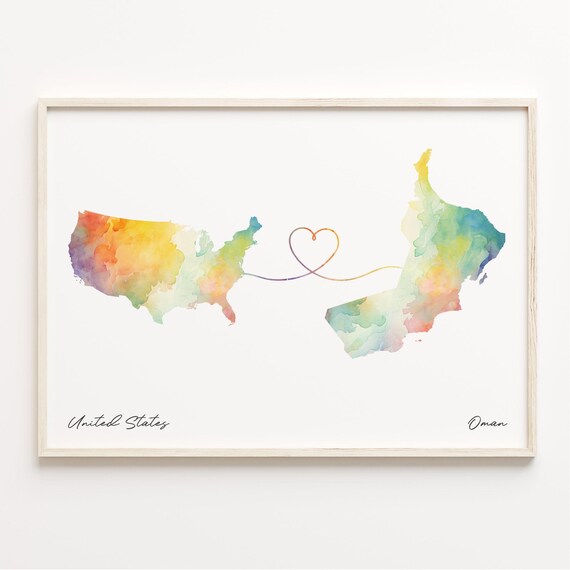 United States to Oman Watercolor Map Heart Connection Poster