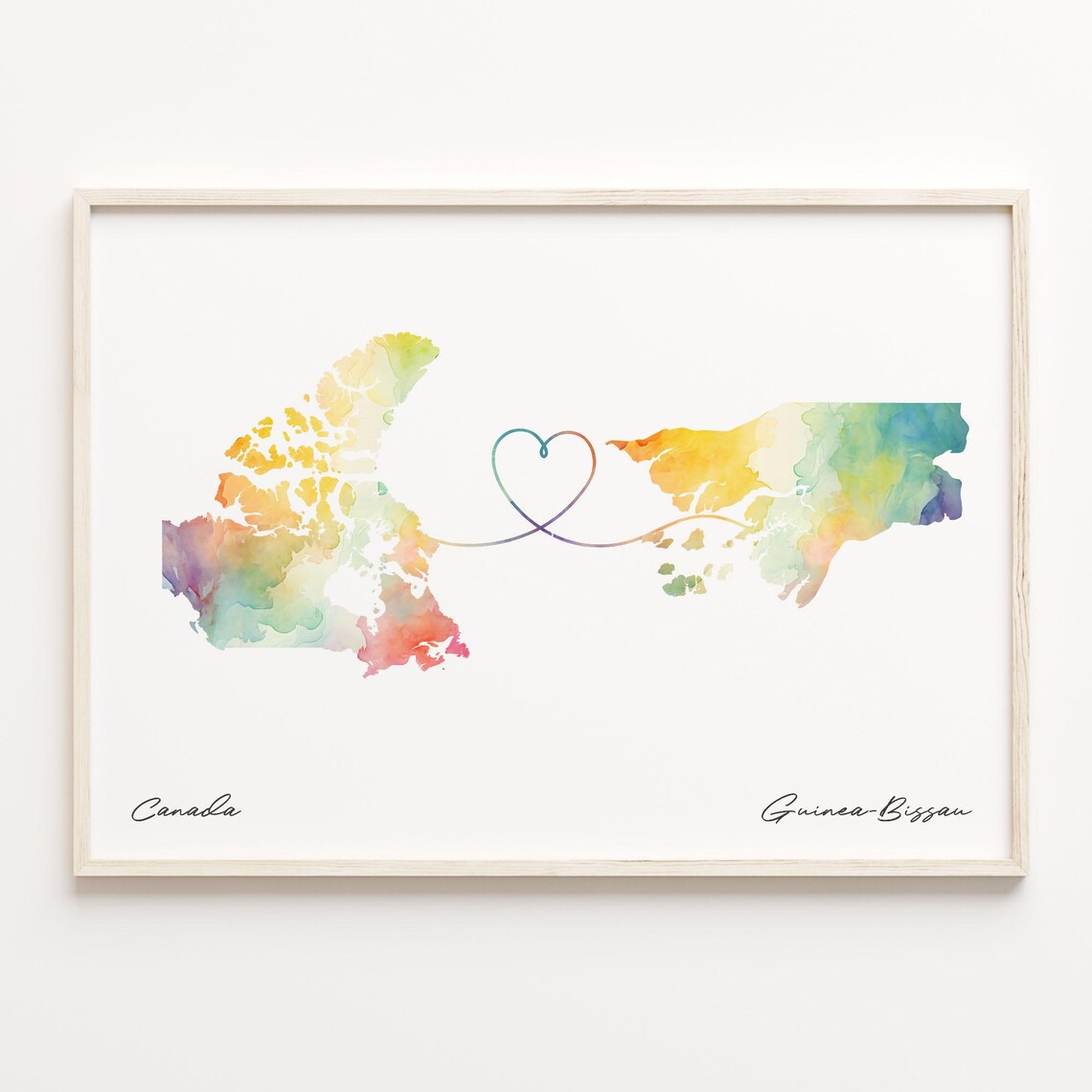 Canada To Guinea-Bissau Watercolor Heart Map Connection Art Poster