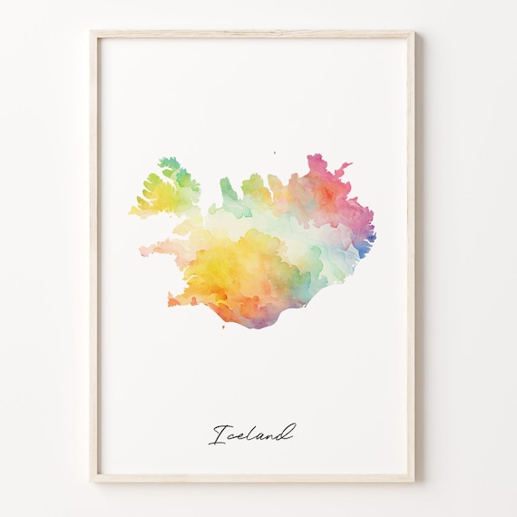 Iceland Watercolor Map Colorful Rainbow Country Wall Decor Poster