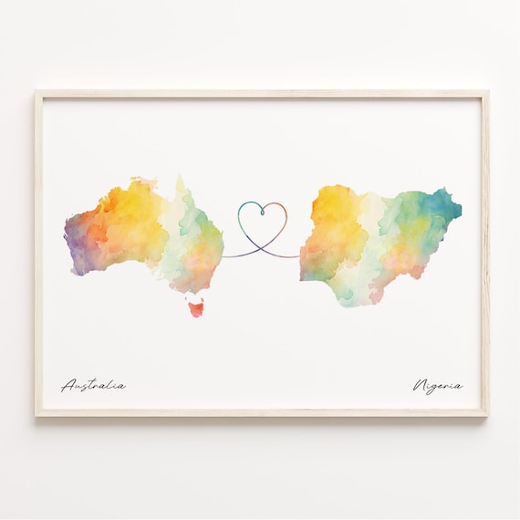 Australia To Nigeria Watercolor Map Heart Long Distance Love Poster