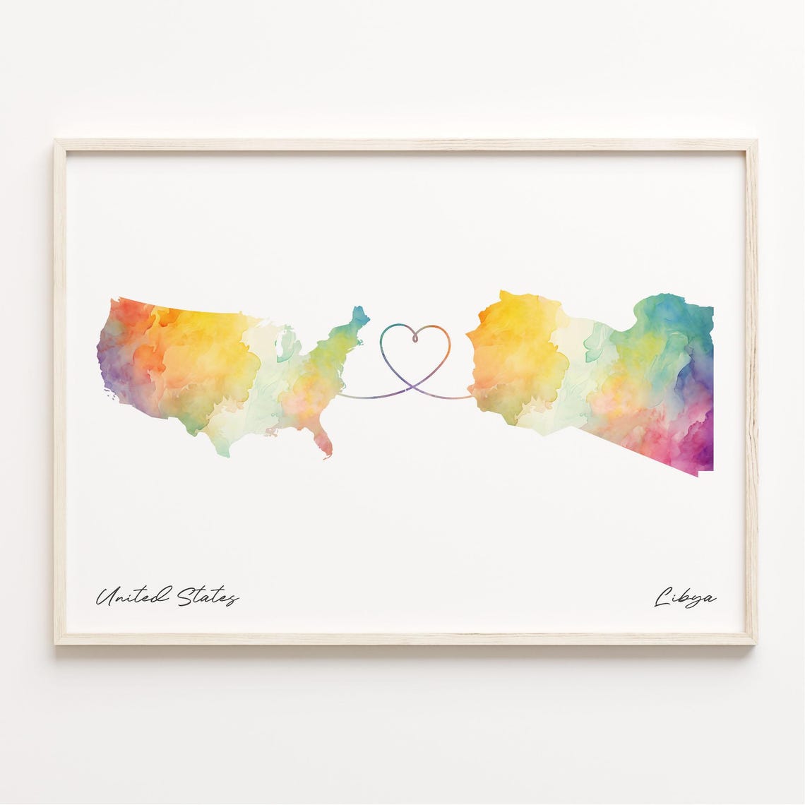 United States Libya Heart Watercolor Long Distance Map Poster