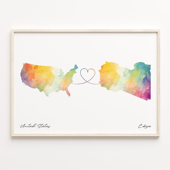 United States Libya Heart Watercolor Long Distance Map Poster