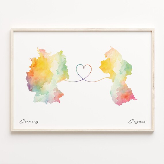 Germany To Guyana Watercolor Map Heart Line Connection Poster