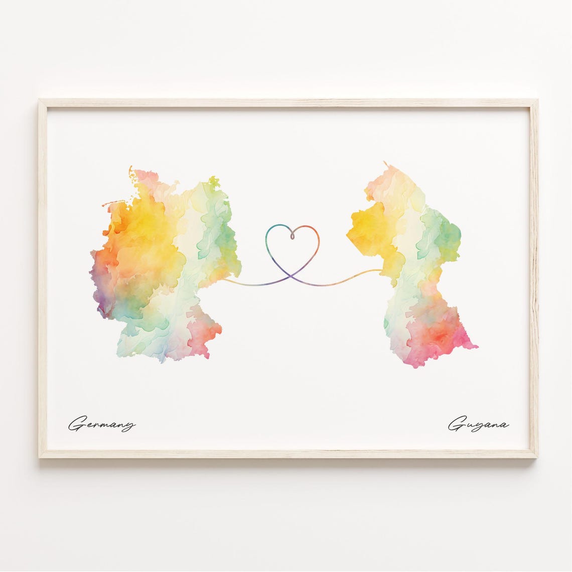 Germany To Guyana Watercolor Map Heart Line Connection Poster