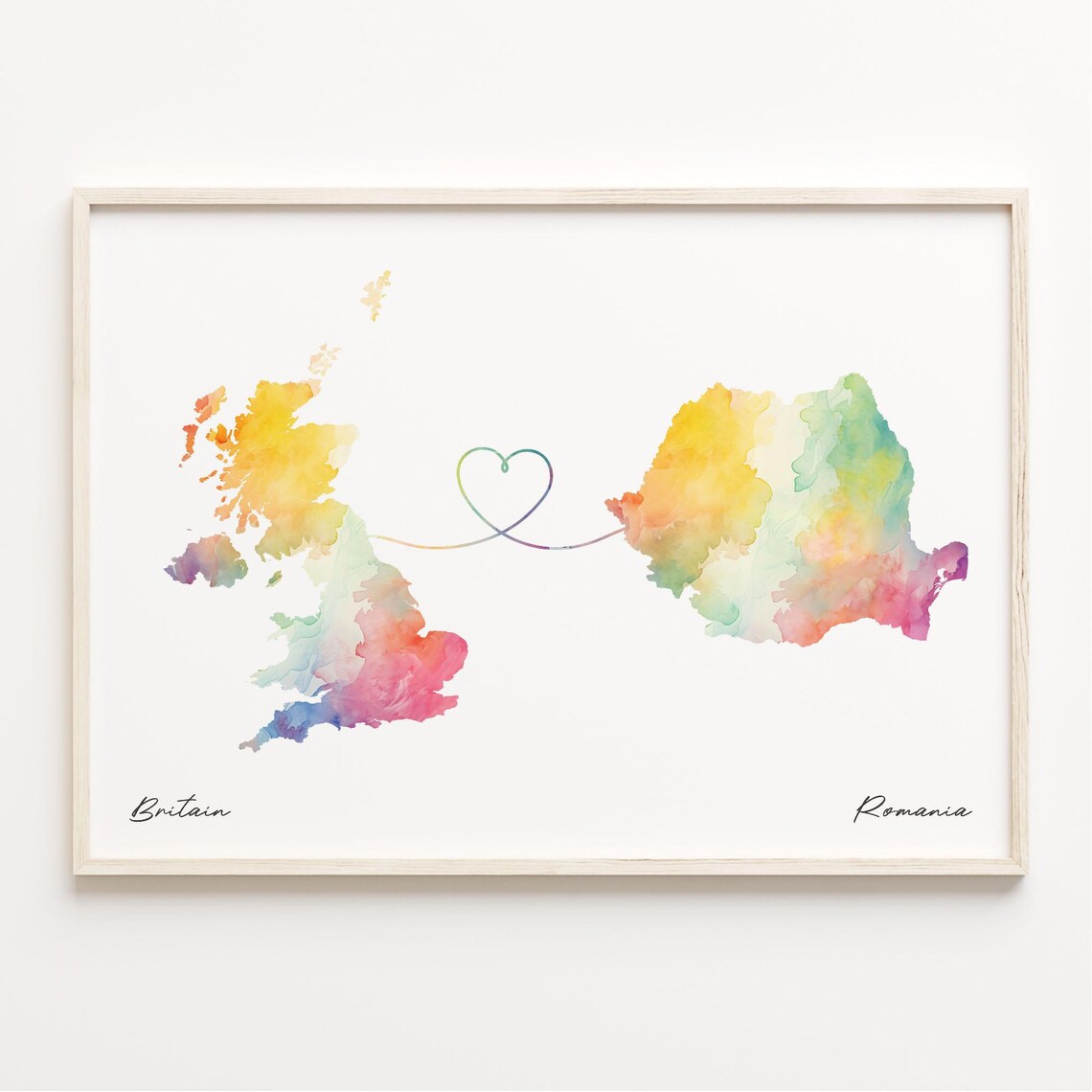 Britain to Romania Long Distance Love Story Watercolor Map Poster