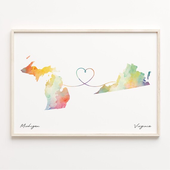 Michigan To Virginia Watercolor Heart Map Long Distance Love Poster