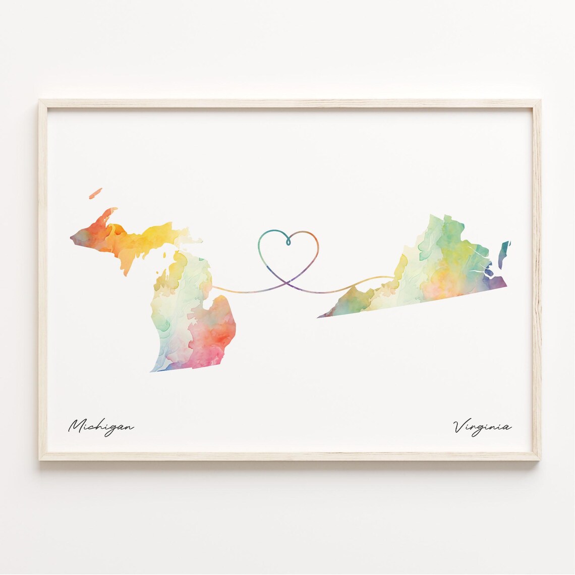 Michigan To Virginia Watercolor Heart Map Long Distance Love Poster