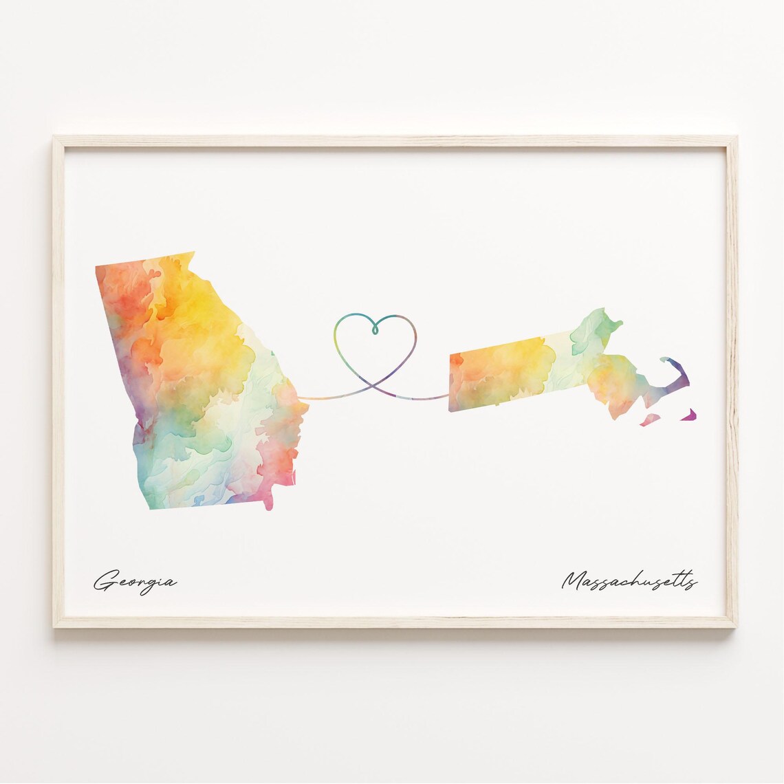 Georgia to Massachusetts Watercolor State Map Heart Long Distance Love Print