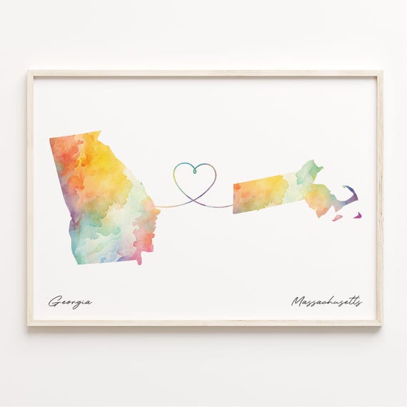 Georgia To Massachusetts Print Watercolor Map Poster Massachusettsan Gift Travel Wall Art Adventure Awaits C231578
