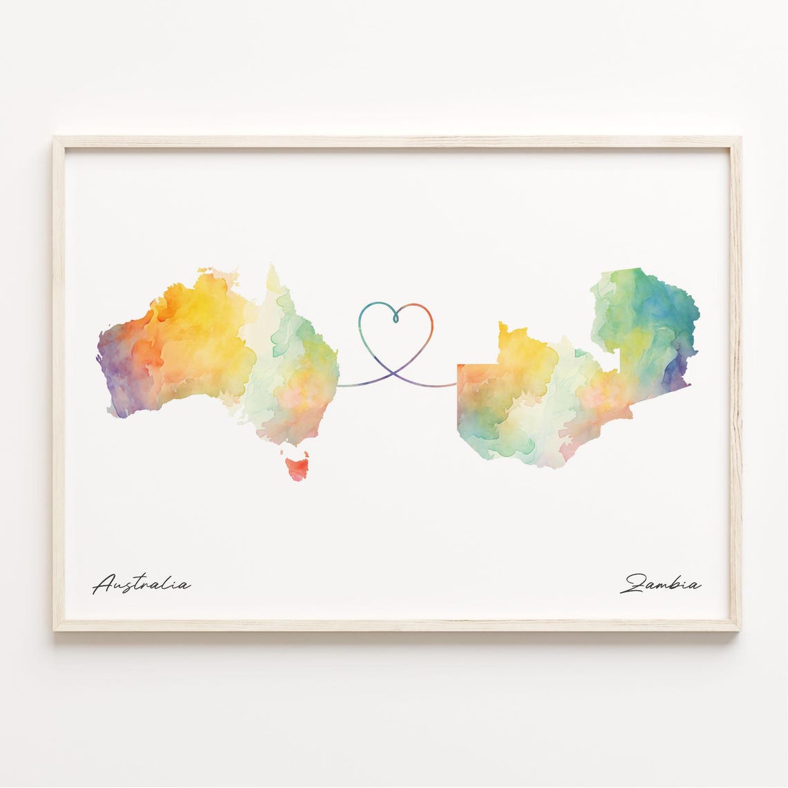 Australia to Zambia Heart Map Long Distance Love Keepsake Art Print
