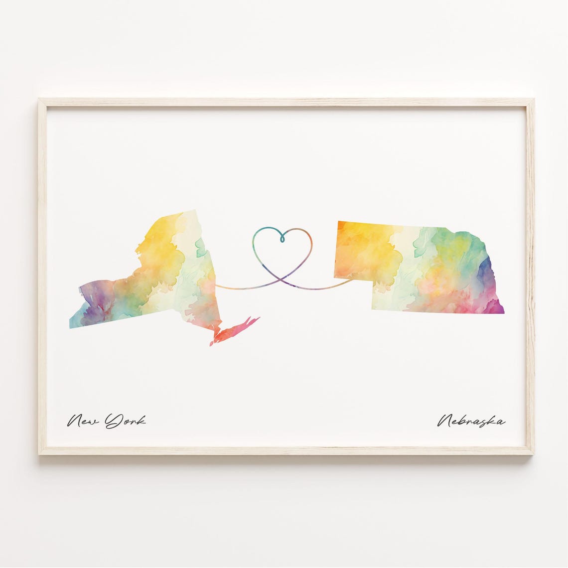 New York To Nebraska Watercolor State Map Connection Art Print