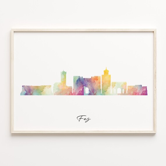 Fez Morocco Watercolor Skyline Cityscape Colorful Africa Poster