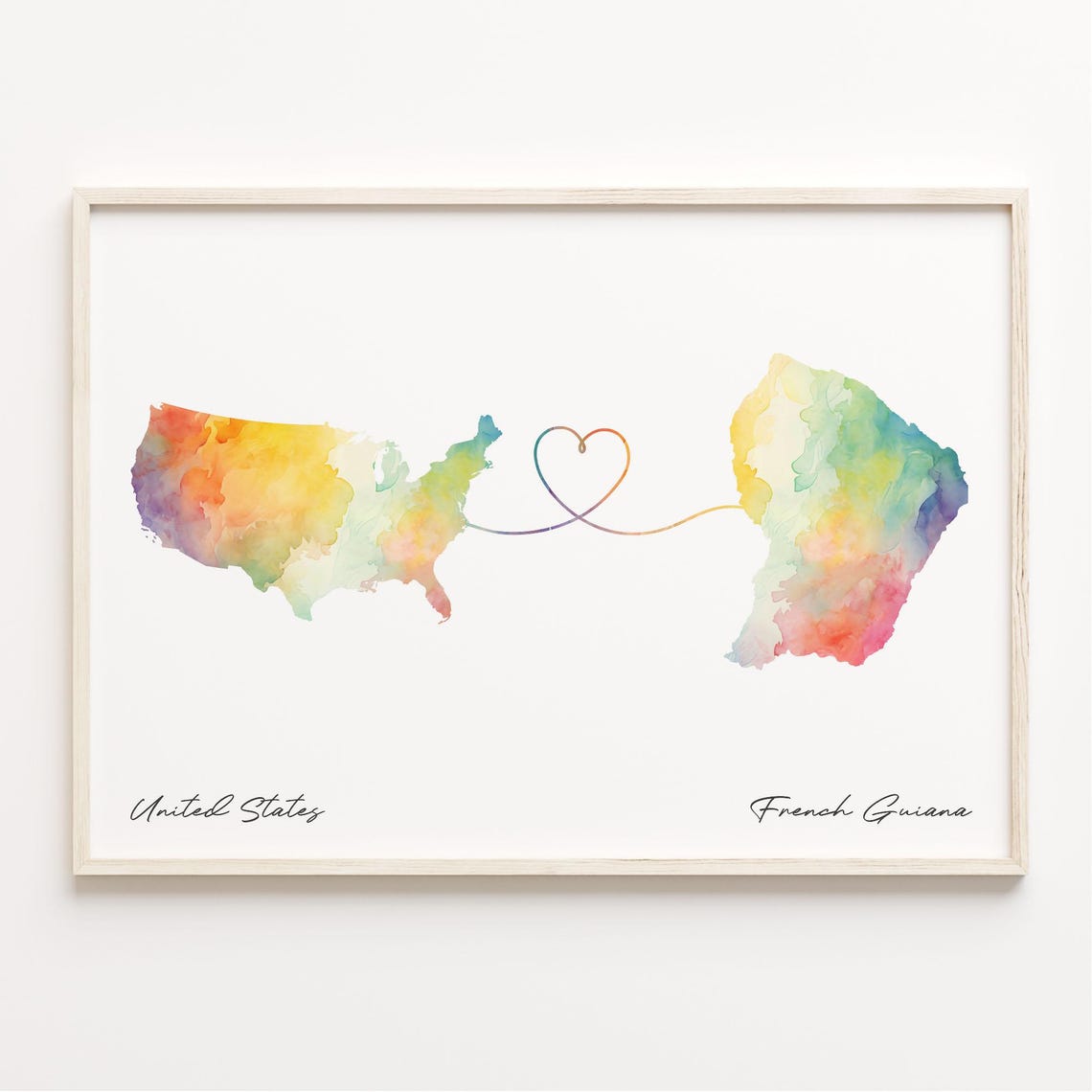 United States to French Guiana Watercolor Map Heart Gift Poster