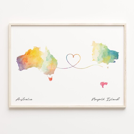 Australia Norfolk Island Watercolor Map Heart Connection Travel Poster
