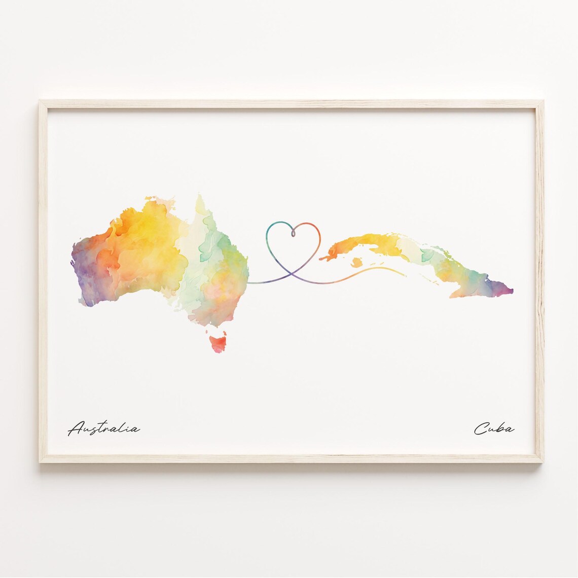 Australia To Cuba Watercolor Map Heart Line Connection Travel Poster