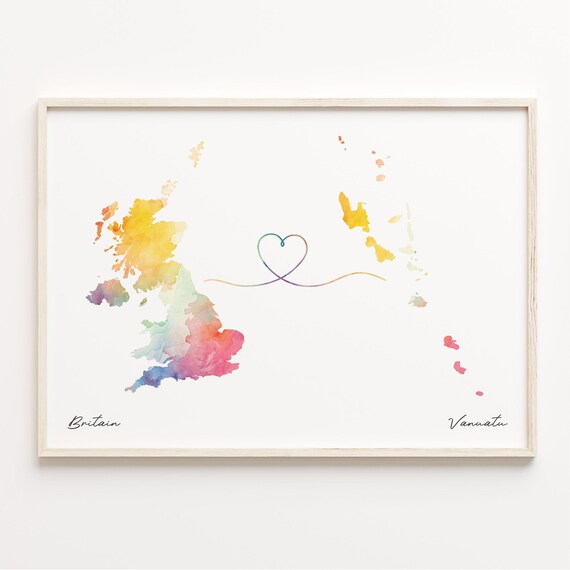 Britain To Vanuatu Watercolor Heart Connection Map Gift Print