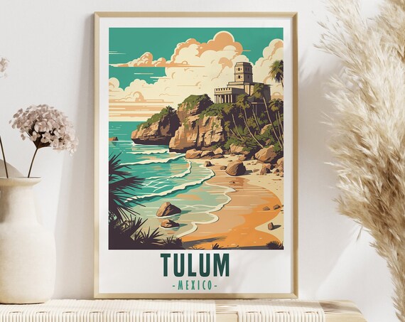 Tulum Mexico Mayan Cliff Temple Beach Caribbean Retro Travel Poster