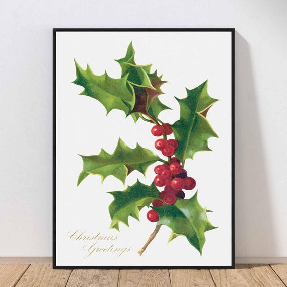 Vintage Christmas Holly Botanical Print Postal Card Wall Art Poster Holiday Beautiful Winter Home Decor Mailed Or Instant Chms8