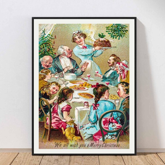 Victorian Christmas Dinner Feast Vintage Holiday Scene Art Poster