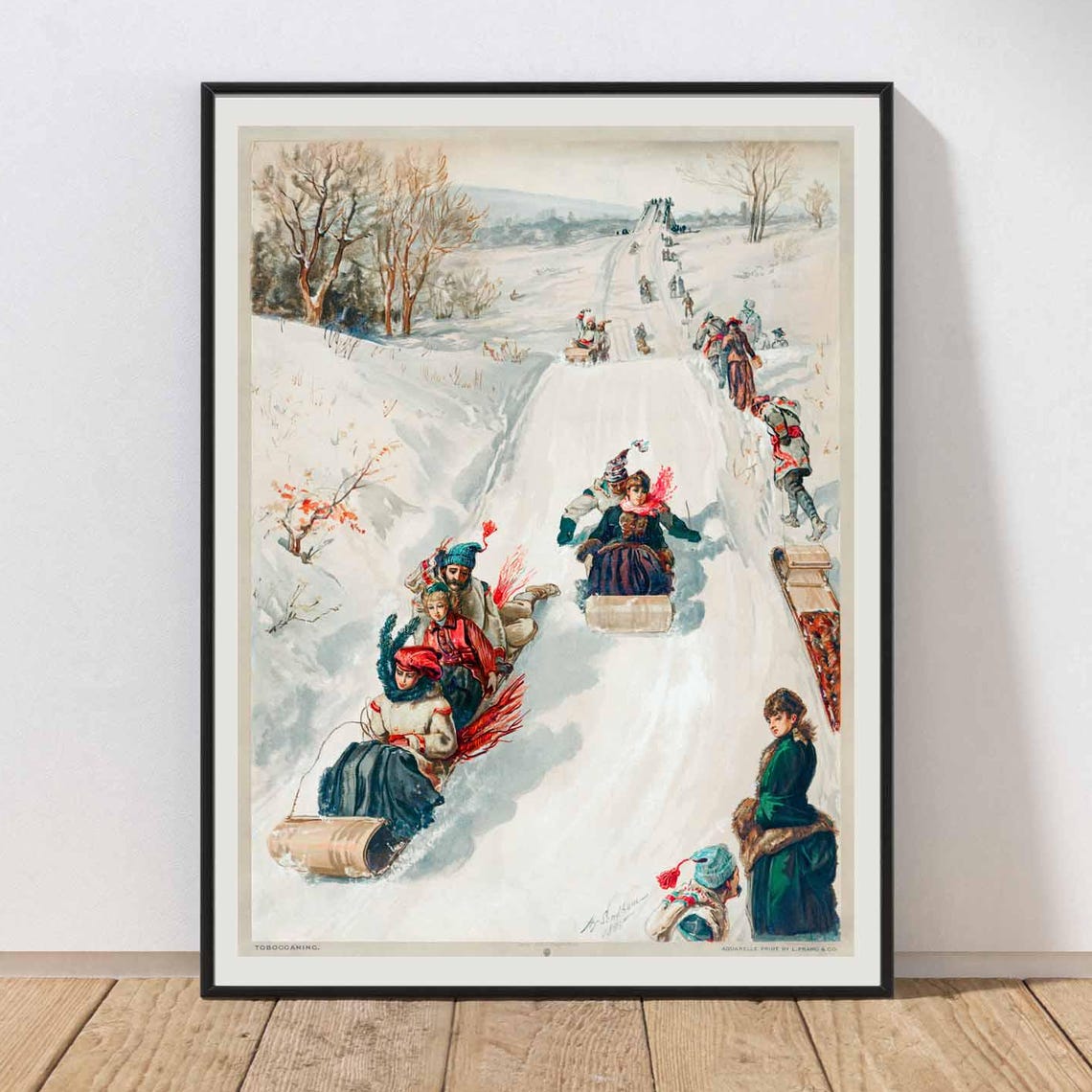 Victorian Tobogganing Snow Sled Hill Vintage Winter Art Poster