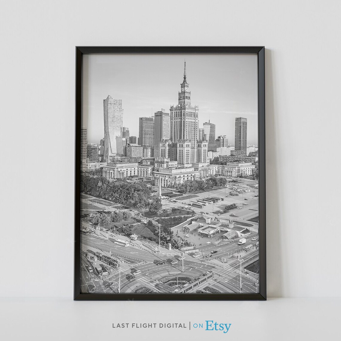 Warsaw Poland Palace Of Culture Skyline Aerial Black White Poster