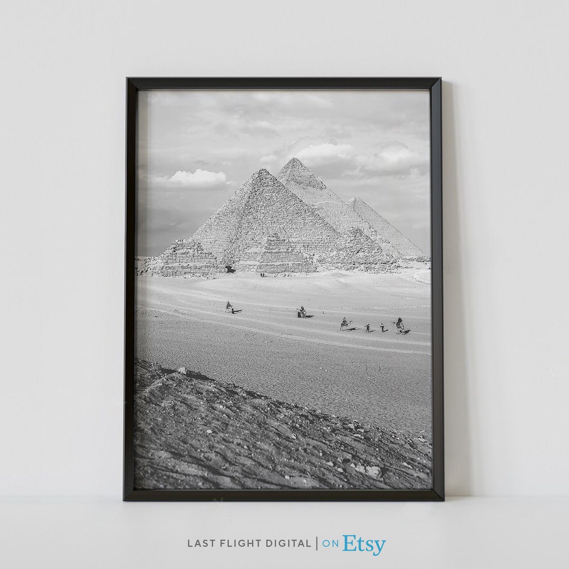 Egypt Giza Pyramids Camel Riders Desert Black And White Poster