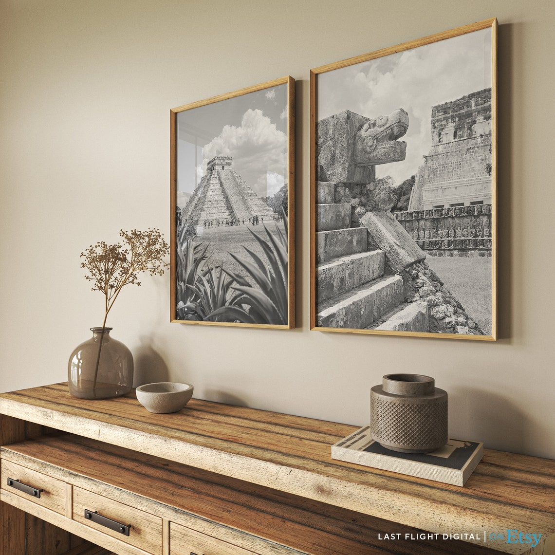 Mexico Chichen Itza Serpent Sculpture Ruins Black White Poster - Image 3