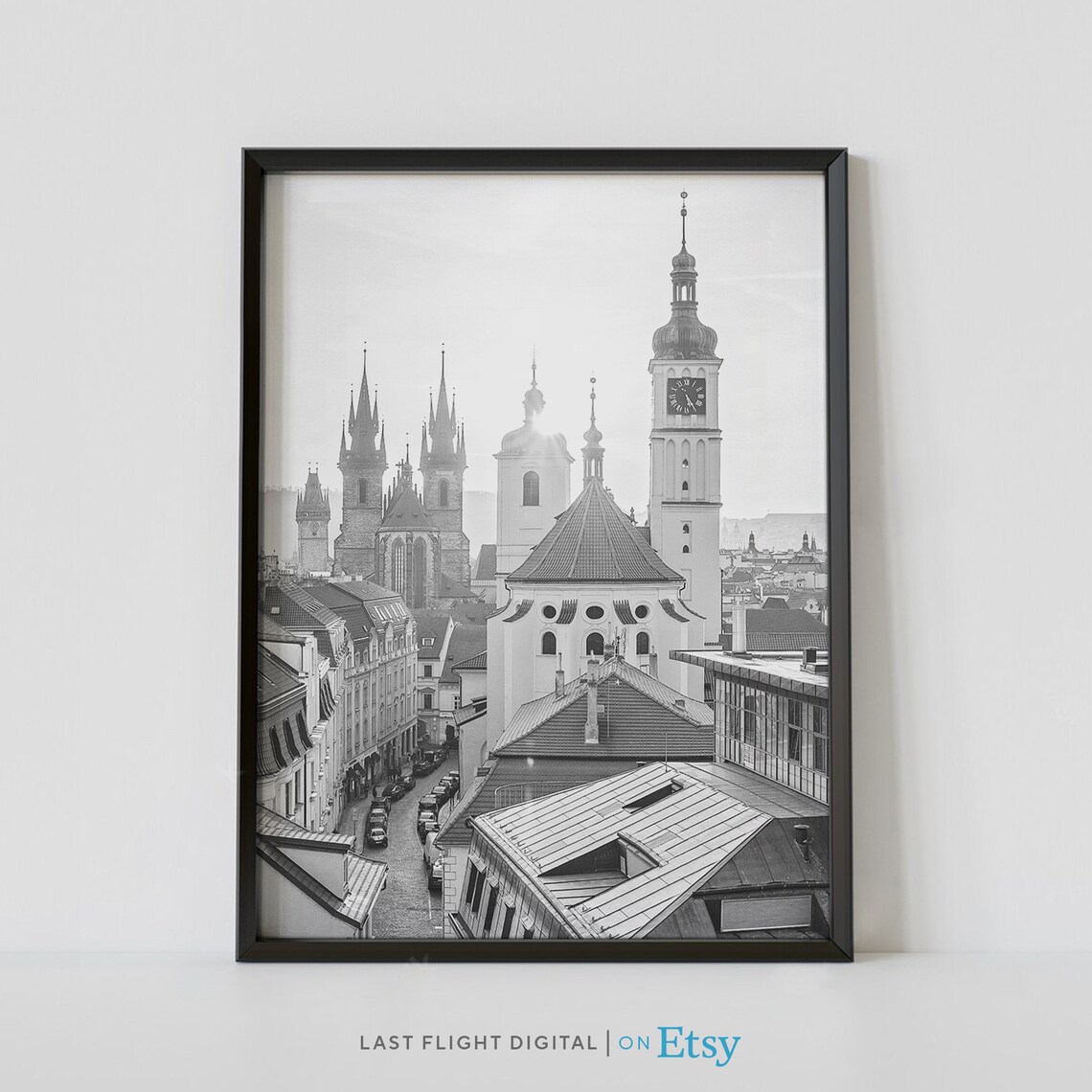 Prague Old Town Church Towers Rooftop View Black And White Poster