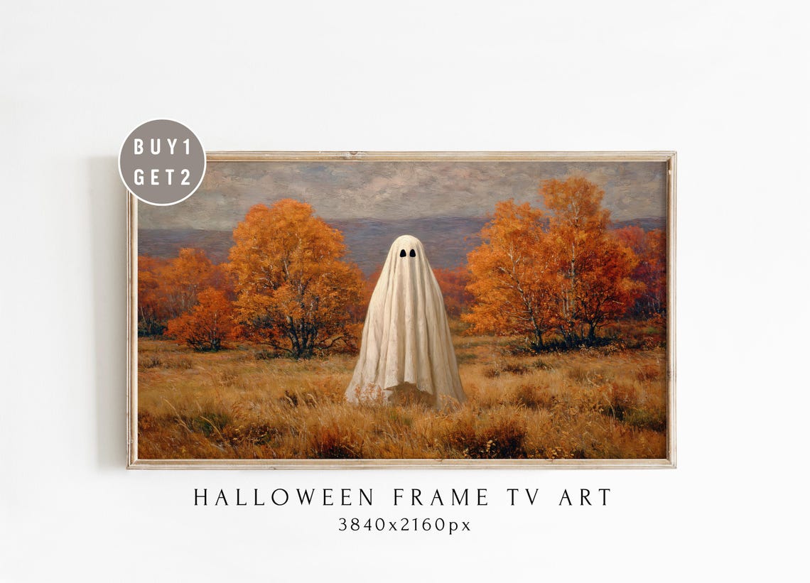 Friendly Sheet Ghost in Golden Autumn Field Halloween Poster