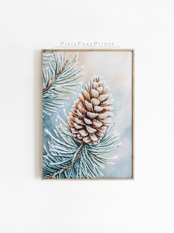 Snow Dusted Pine Cone on Frosty Branch Winter Watercolor Poster