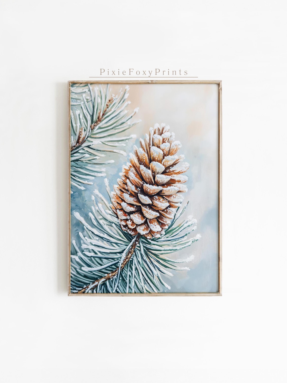 Snow Dusted Pine Cone on Frosty Branch Winter Watercolor Poster