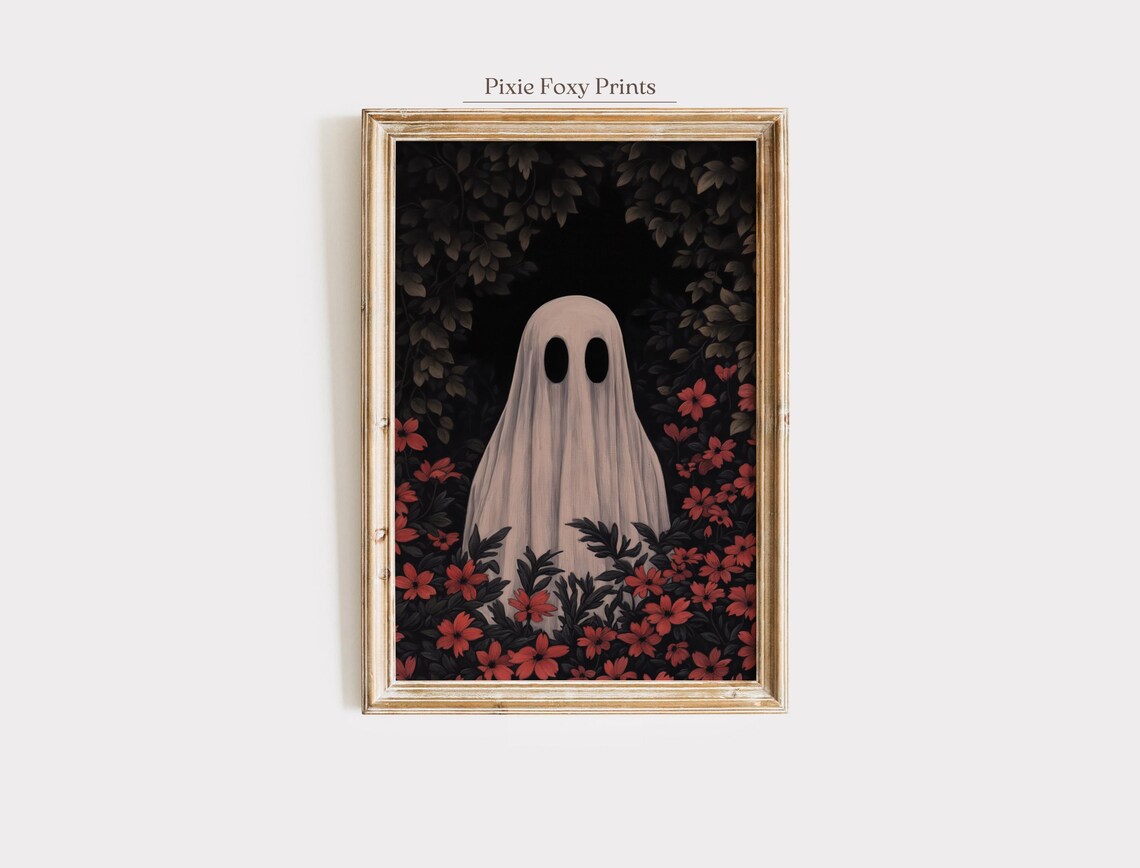 Cute Ghost Among Red Flowers in Dark Forest Halloween Poster