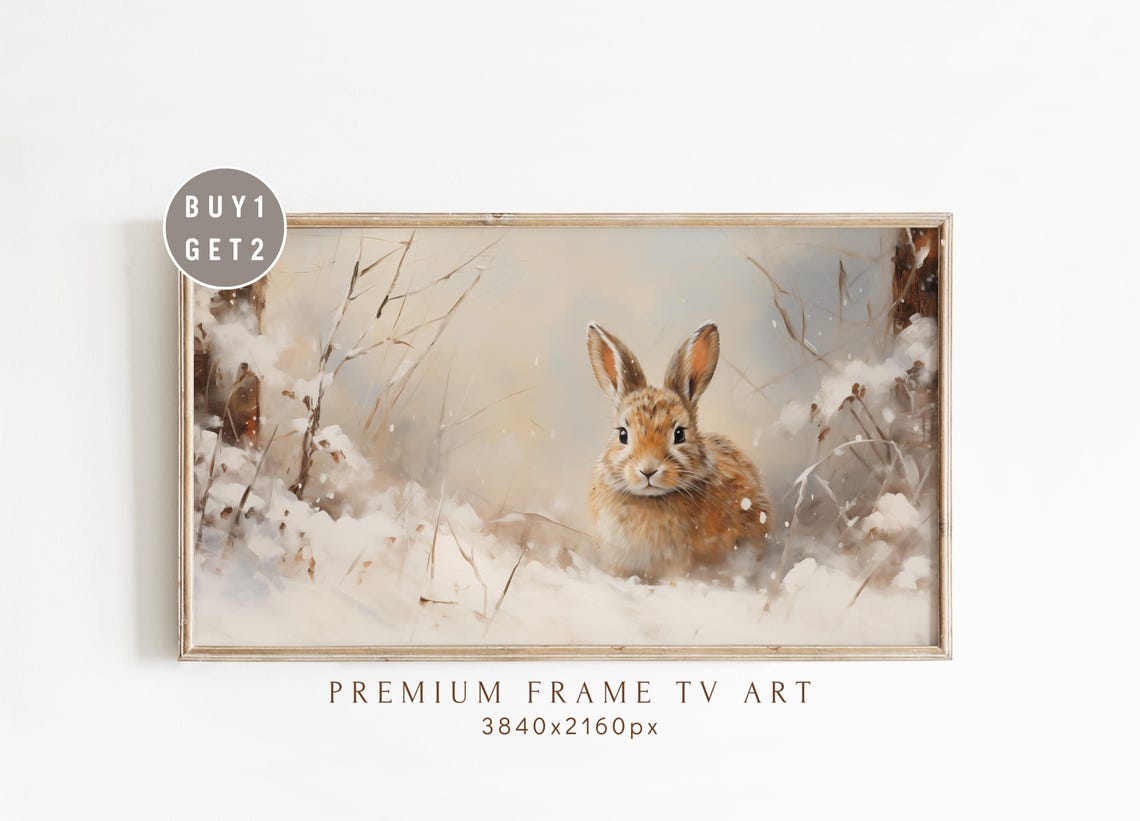 Winter Rabbit in Snowy Forest Cozy Christmas Frame TV Art Print