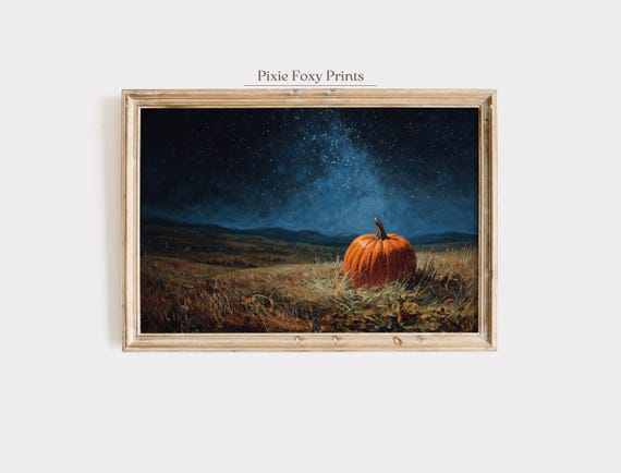Halloween Wall Art Print Pumpkin Under Starry Night Sky Autumn Landscape Painting Rustic Harvest Farmhouse Decor
