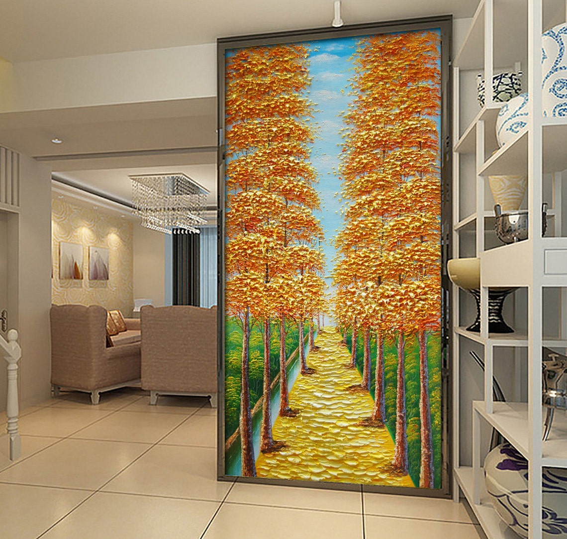 Golden Autumn Tree Avenue Path With Blue Sky Oil Paint Poster - Image 2