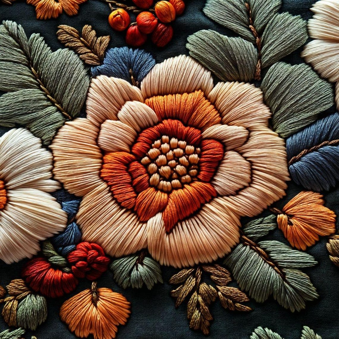 Faux Embroidery Floral Pattern Stitched Blooms Dark Botanical Wall Art - Image 4