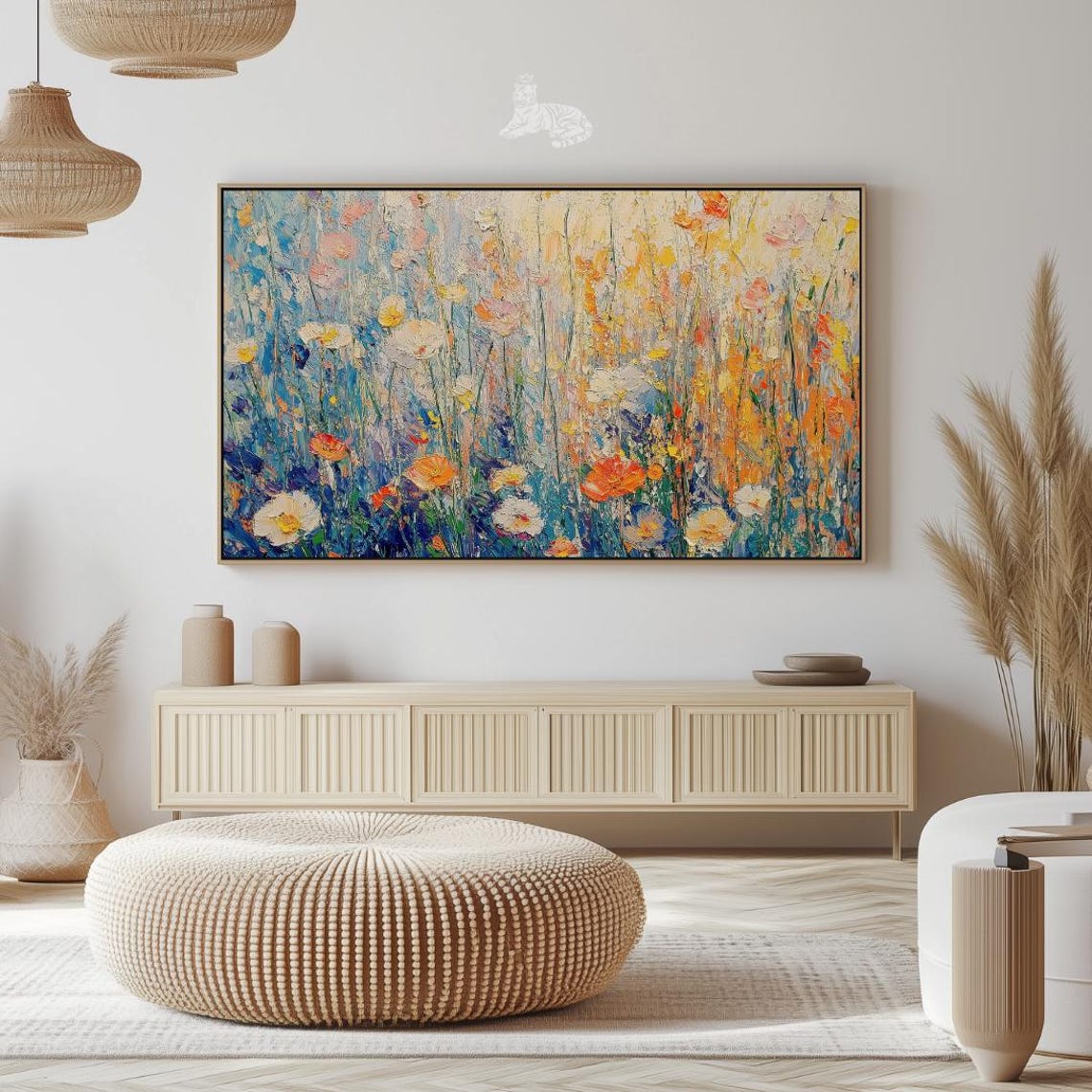 Colorful Wildflower Meadow Impressionist Blue Orange Blooms Print - Image 2