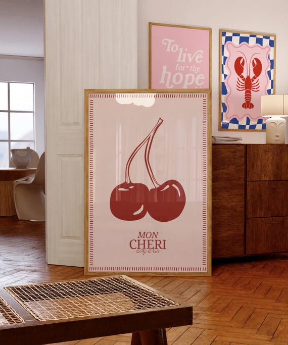 Mon Cheri Print Trendy Wall Art Poster Kitchen Art Print Red Pink Minimalist Art Cherry Wall Art Wall Art Euro Holiday Print Dining Room Art