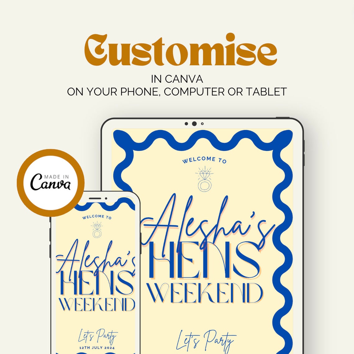 Hens Weekend Personalized Welcome Sign Blue Wavy Party Poster - Image 5