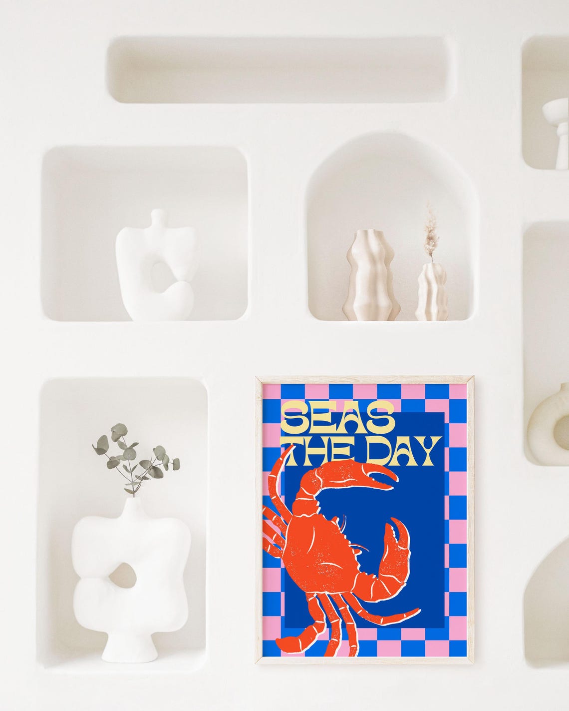 Seas The Day Red Crab Blue Checkered Retro Kitchen Wall Poster - Image 5