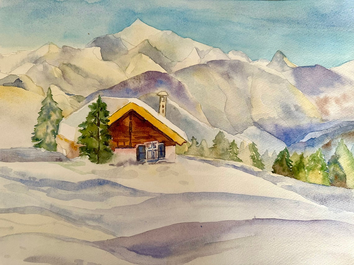 Snowy Alpine Chalet Beneath Majestic Winter Mountains Poster
