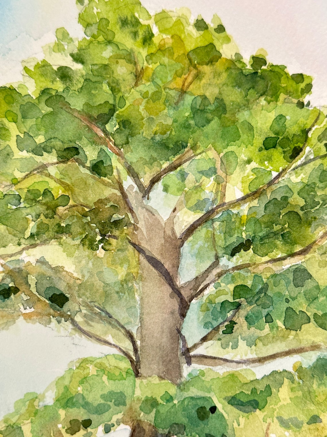 Majestic Lone Tree in Green Meadow Watercolor Nature Art Poster - Image 2