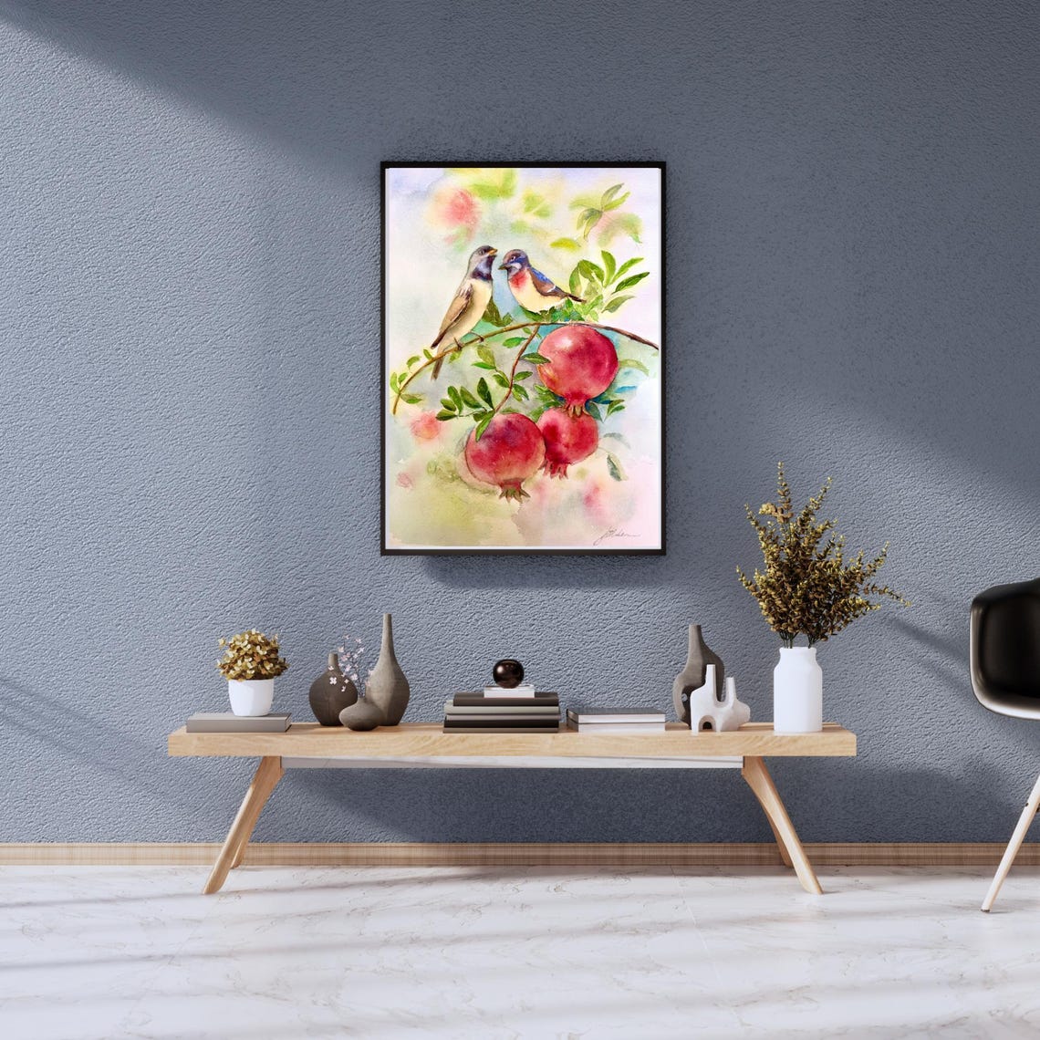Two Songbirds Among Ripe Pomegranates Watercolor Orchard Poster - Image 7