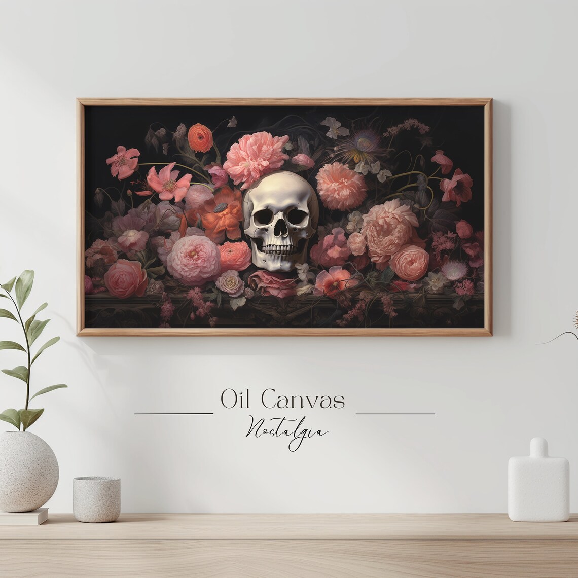 Skull Surrounded By Pink Flowers Dark Botanical Gothic Floral Halloween Wall Art Poster - Image 3