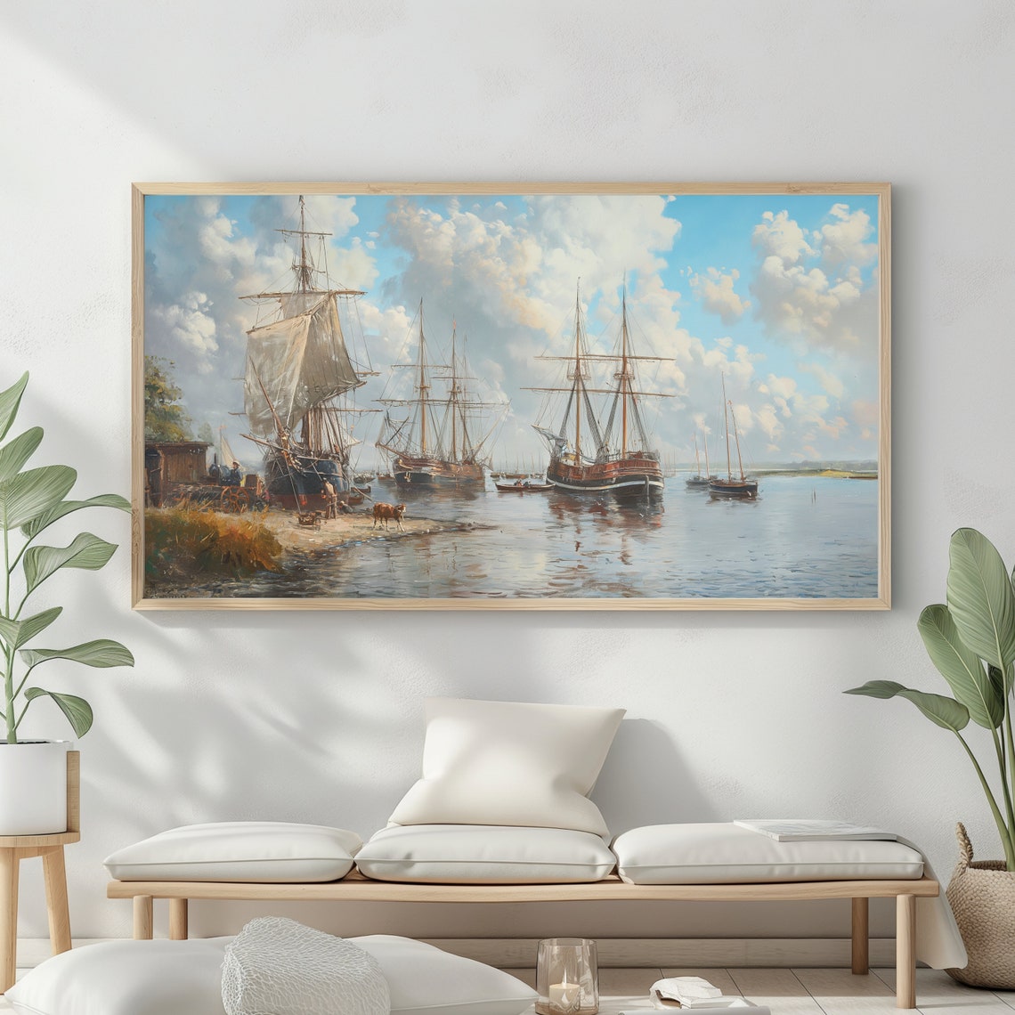 Tall Ships Anchored Harbor Classic Sailing Vessels Maritime Oil Poster - Image 2